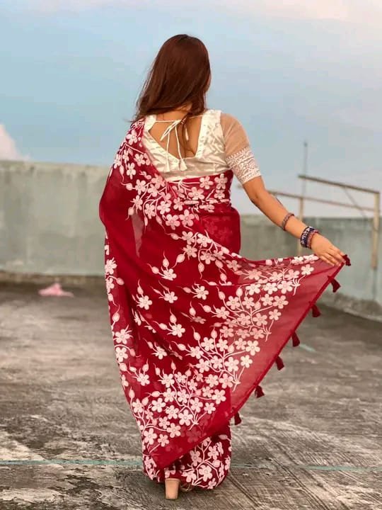 Half silk block print sharee
