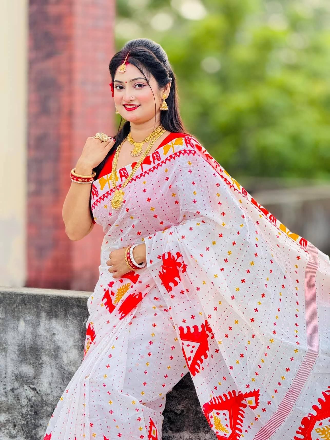 Half silk block print sharee